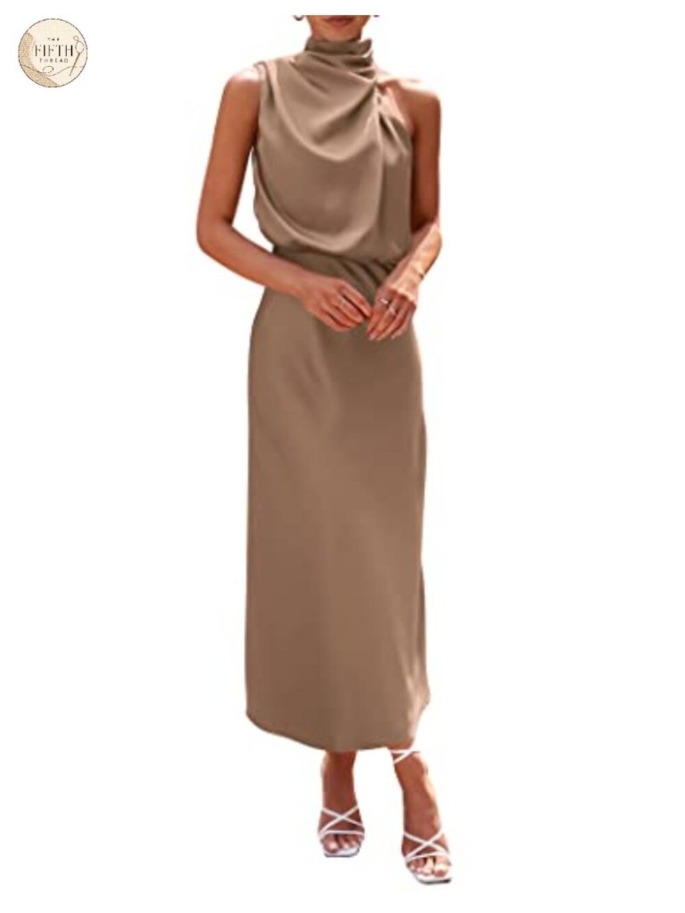 Satin Maxi Dress Sleeveless Mock Neck High Waist Fit Flare